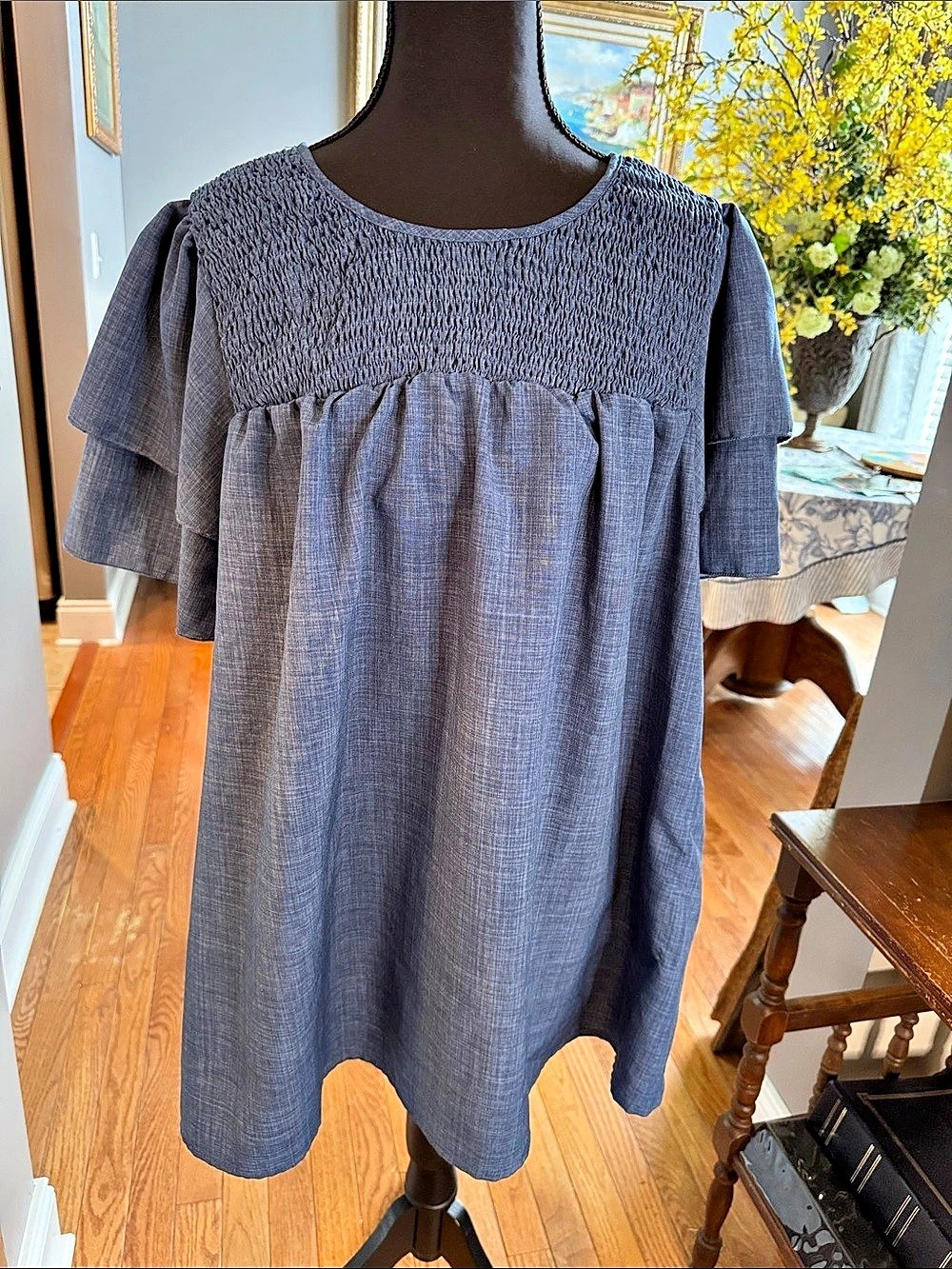 Blue Smocked Yoke Blouse Size 3X